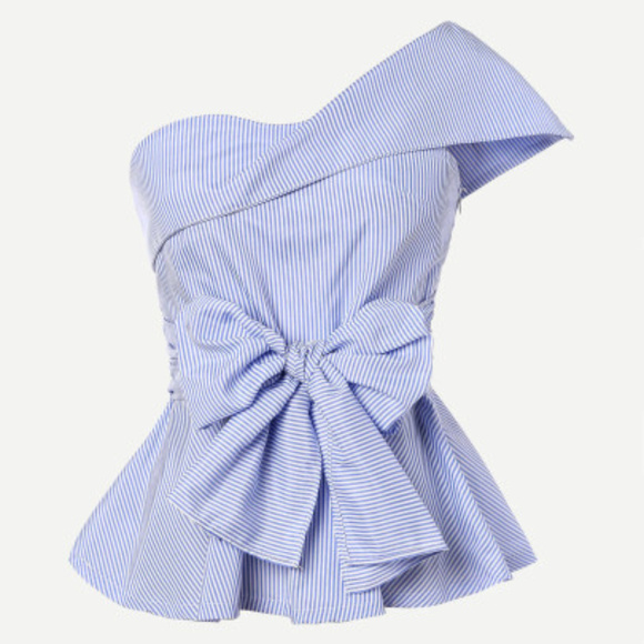 Tops - Foldover One Shoulder Seersucker Bow Peplum Top